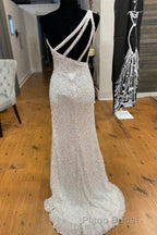 One Shoulder Ivory Sequined Long Party Dresses
