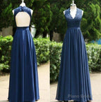 2025 Blue Floor-Length/Long A-Line/Princess Backless Lace V-Neck Chiffon Prom Dresses