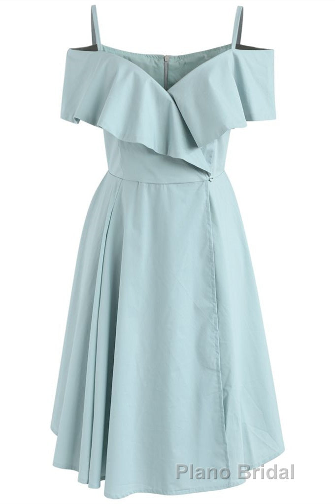 Mint Cold-Shoulder Ruffled A-Line Short Dresses