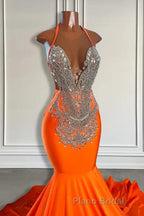 Sleeveless V-Neck Halter Mermaid Formal Prom Dress With Beadings