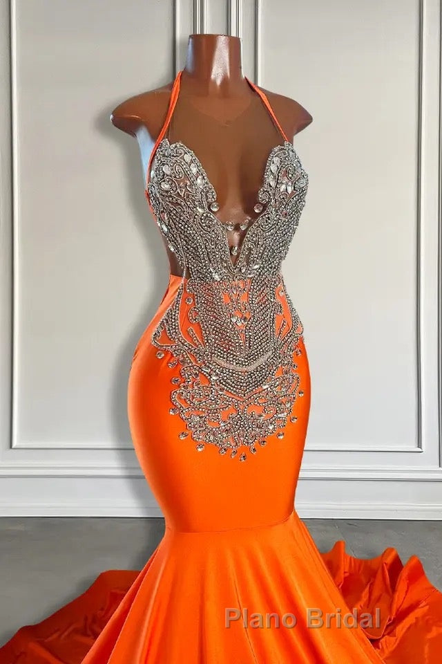Sleeveless V-Neck Halter Mermaid Formal Prom Dress With Beadings