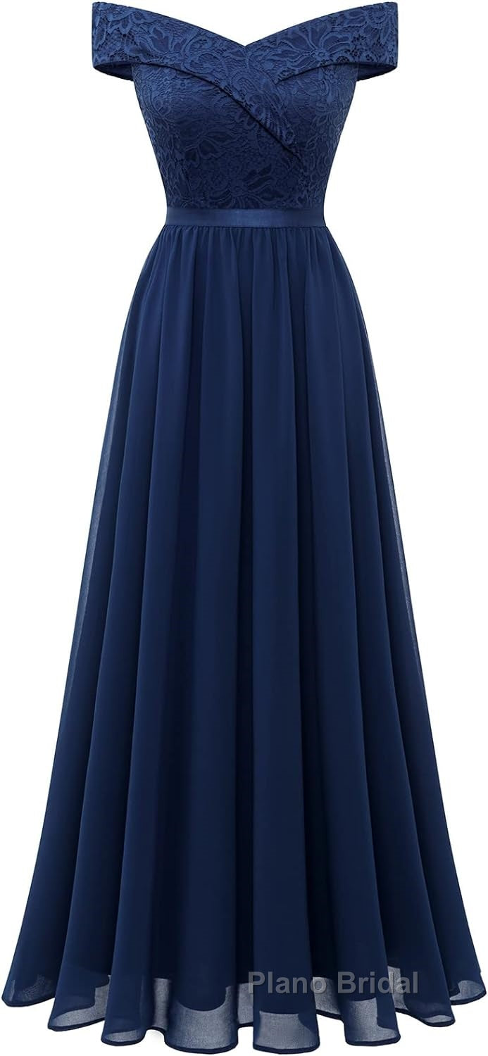 Womens Lace Bridesmaid Dress A-Line Off Shoulder Floral Lace Chiffon Formal Prom Dresses