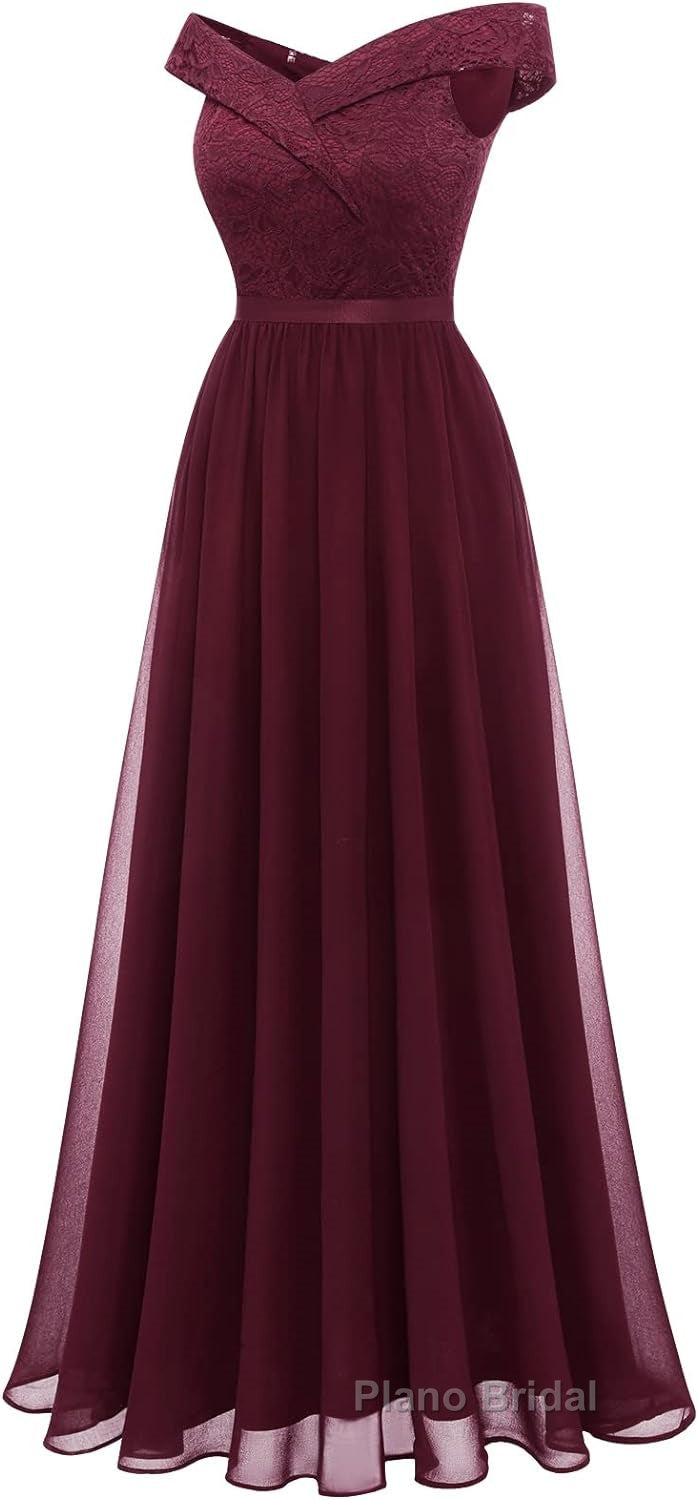 Womens Lace Bridesmaid Dress A-Line Off Shoulder Floral Lace Chiffon Formal Prom Dresses