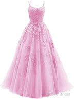 Womens Lace Appliques Prom Dresses Long Spaghetti Strap Ball Gowns Tulle Formal Dress for Party