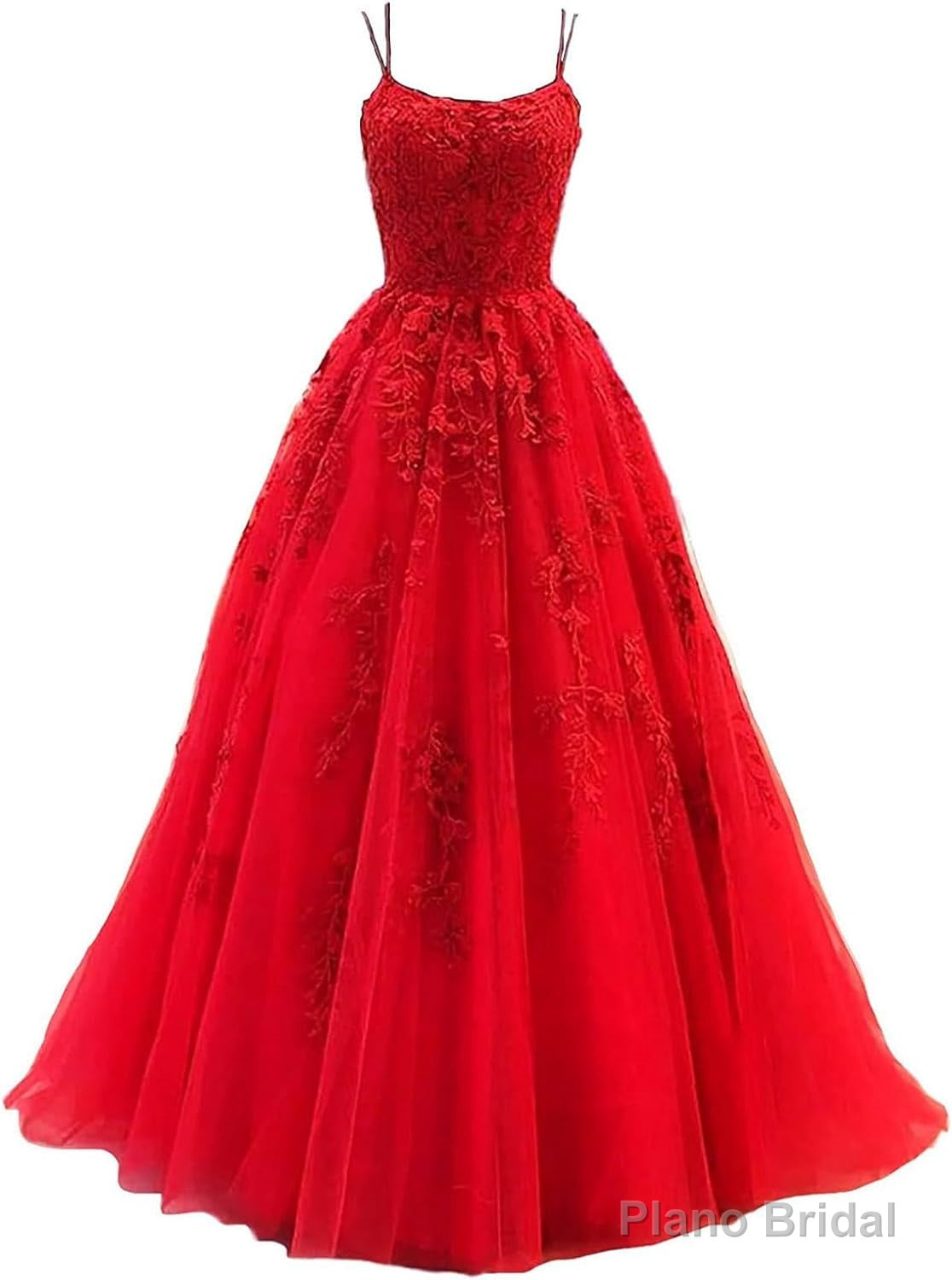 Womens Lace Appliques Prom Dresses Long Spaghetti Strap Ball Gowns Tulle Formal Dresses for Party