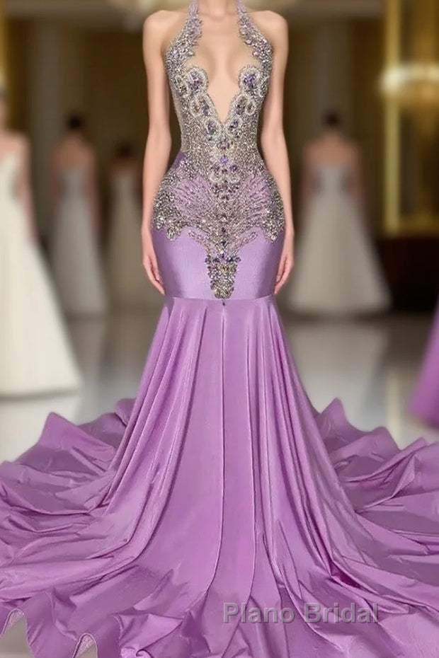 Long Lilac Sleeveless Halter Mermaid Formal Prom Dress With Beadings Main image