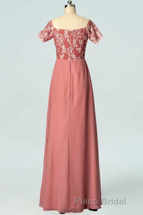 Dusty Rose Square Neck Short Sleeve Long Bridesmaid Dresses