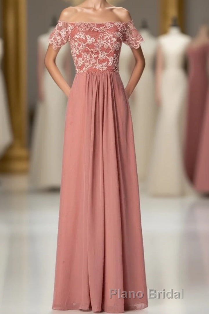 Dusty Rose Square Neck Short Sleeve Long Bridesmaid Dresses Main image