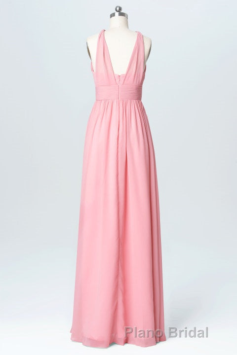 Pink Chiffon Halter Backless A-Line Long Bridesmaid Dresses