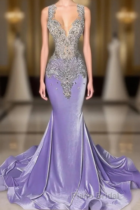 Lilac Mermaid Formal Prom Dress with Scoop Neckline Sleeveless and Crystal Beadings