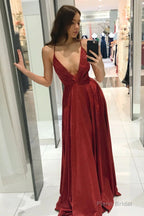 Red Spaghetti Straps V-neck Long Prom Dress, Shiny A Line Party Gown