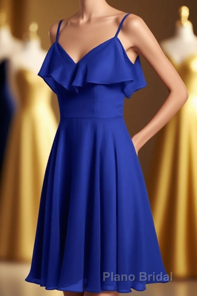 Royal Blue Spaghetti Straps Ruffled A-Line Short Bridesmaid Dresses