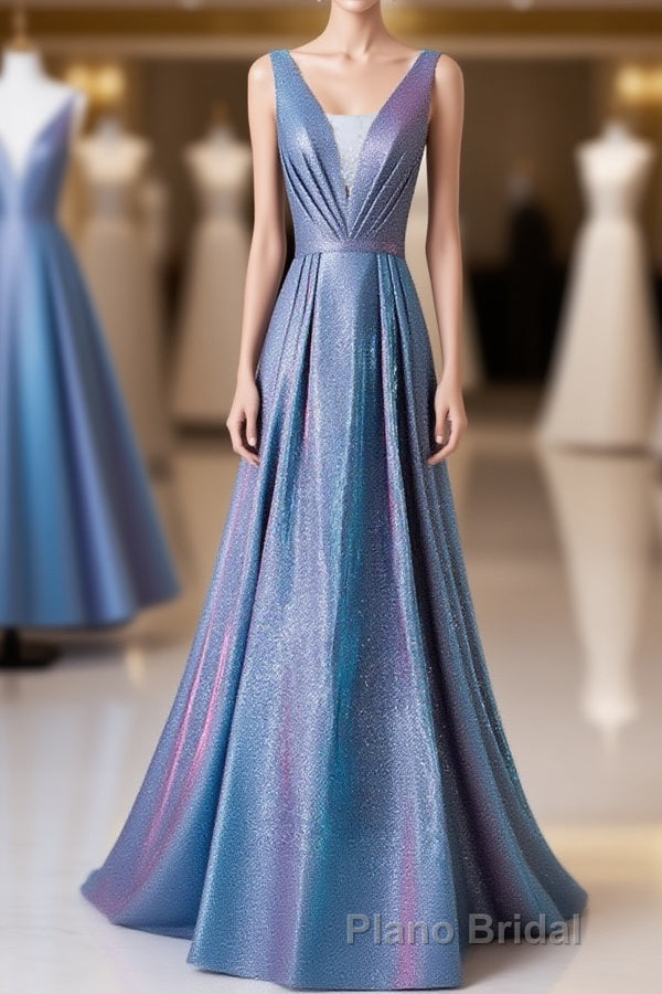 Unique Blue Sequin Long Formal Prom Dresses, Blue Prom Dresses Main image
