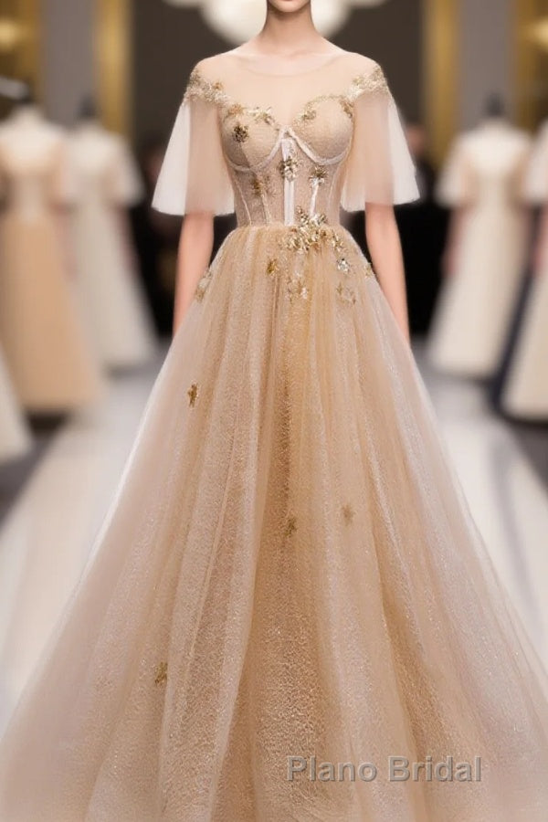 Champagne Round Neck Tulle Lace Long Formal Prom Dresses, Prom Dresses