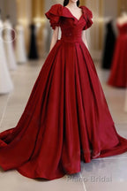 Simple Burgundy Satin Long Formal Prom Dresses, Burgundy Long Evening Dresses