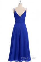Royal Blue V-Neck Spaghetti Straps Tea-Length Bridesmaid Dresses