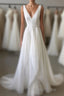 Simple White V Neck Tulle Long Formal Prom Dresses, White Evening Dresses