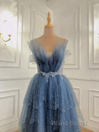 Gray Blue Tulle Beads Long Formal Prom Dresses, Blue Tulle Prom Dresses