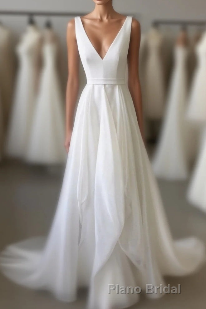Simple White V Neck Tulle Long Formal Prom Dresses, White Evening Dresses Main image