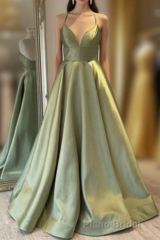Green Simple A Line Satin Spaghetti Straps Long Formal Prom Dresses Main image