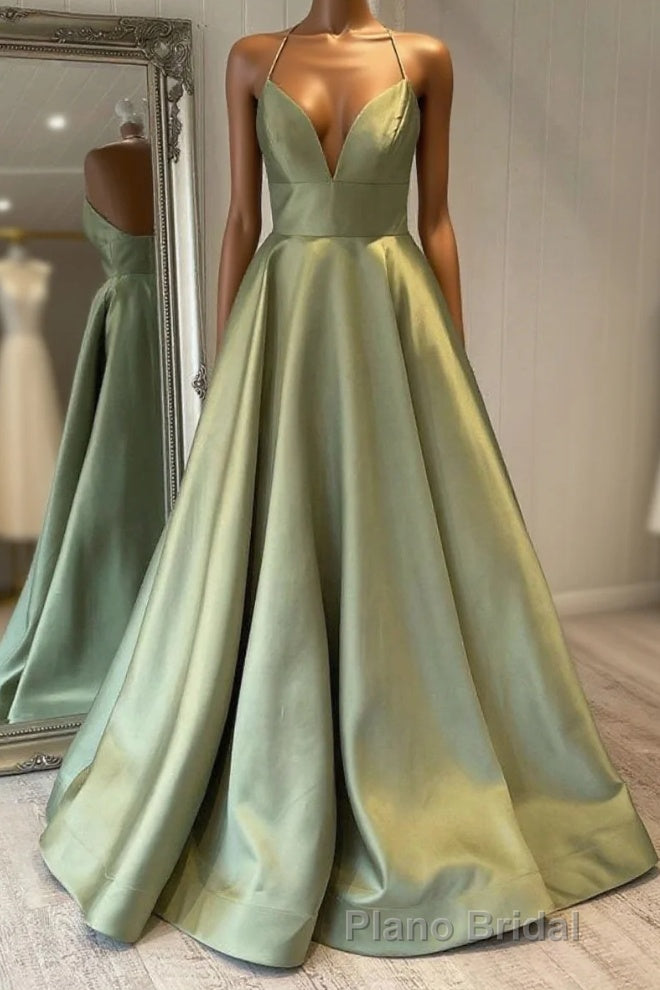 Green Simple A Line Satin Spaghetti Straps Long Formal Prom Dresses Main image