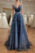 Gray Blue Tulle Beads Long Formal Prom Dresses, Blue Tulle Prom Dresses
