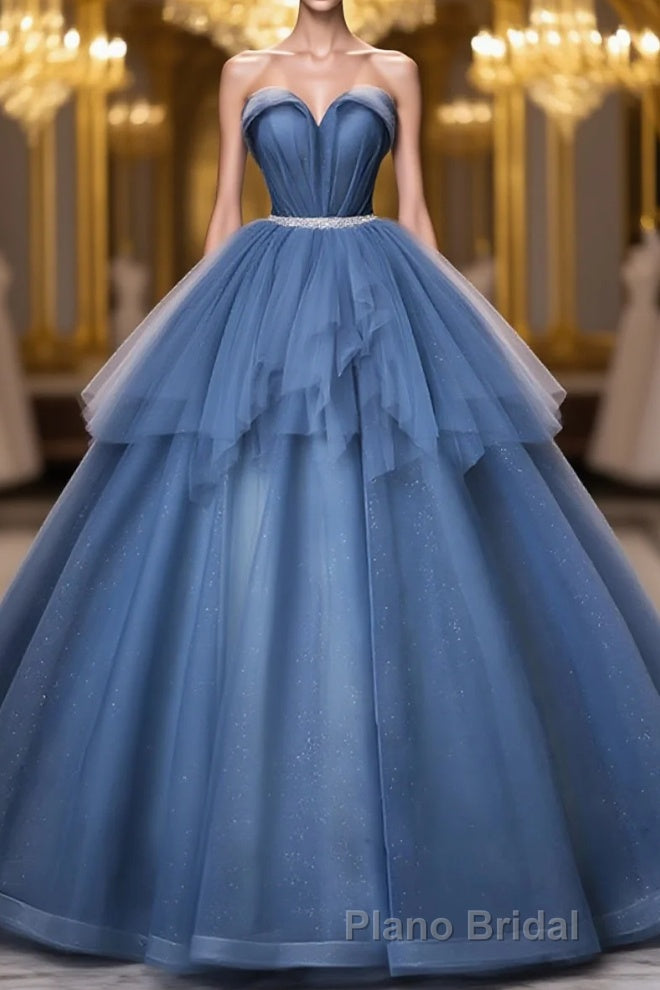 Blue Sweetheart Neck Tulle Long Formal Prom Dresses, Blue Evening Dresses