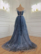 Gray Blue Tulle Beads Long Formal Prom Dresses, Blue Tulle Prom Dresses