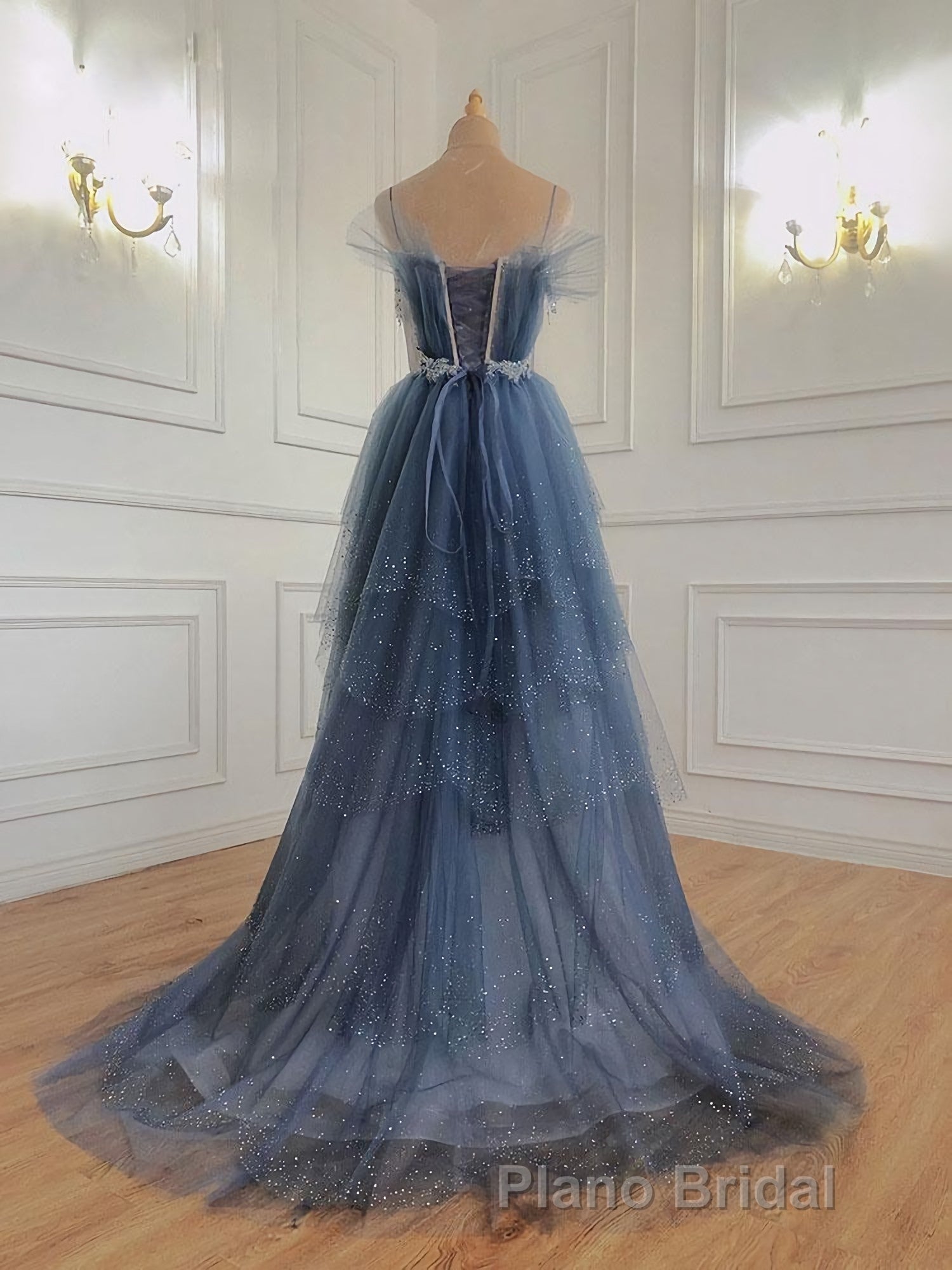Gray Blue Tulle Beads Long Formal Prom Dresses, Blue Tulle Prom Dresses