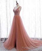 Pink V Neck Tulle Sequin Long Formal Prom Dresses, Pink Prom Dresses