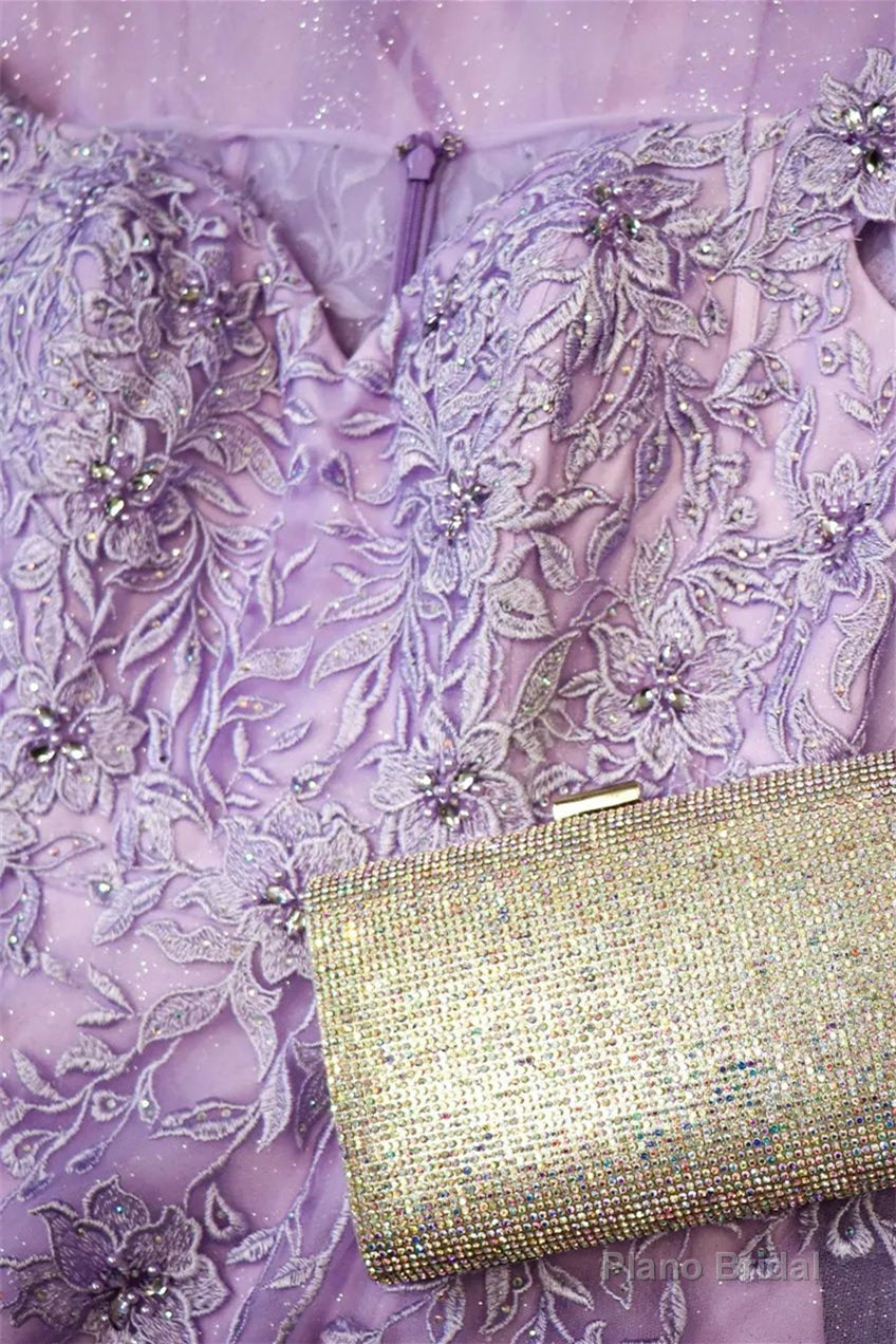 Lilac Off-the-Shoulder Appliques Tulle Long Prom Dress with Slit Secondary image