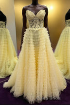 Yellow Lace-Up Floral Multi-Layers Strapless A-line Long Formal Prom Dresses