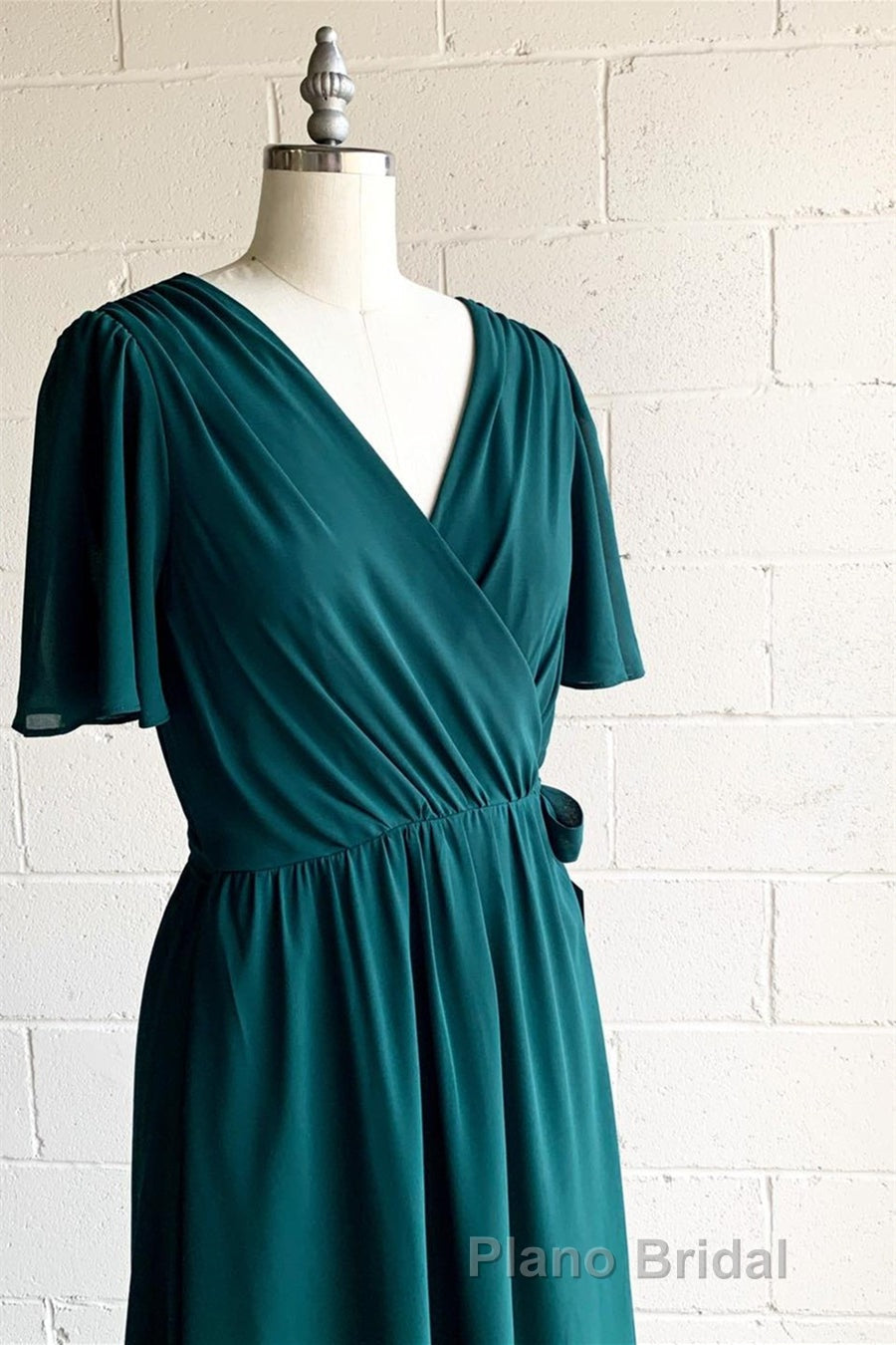 Faux-Wrap V Neck Pleated Chiffon Hi-Low Bridesmaid Dresses with Sleeves