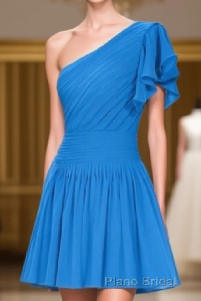 Blue One-Shoulder Ruffled Sleeve Short Bridesmaid Dresses Main image