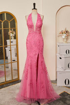 Pink Plunging Halter Appliques Mermaid Long Prom Dress with Slit