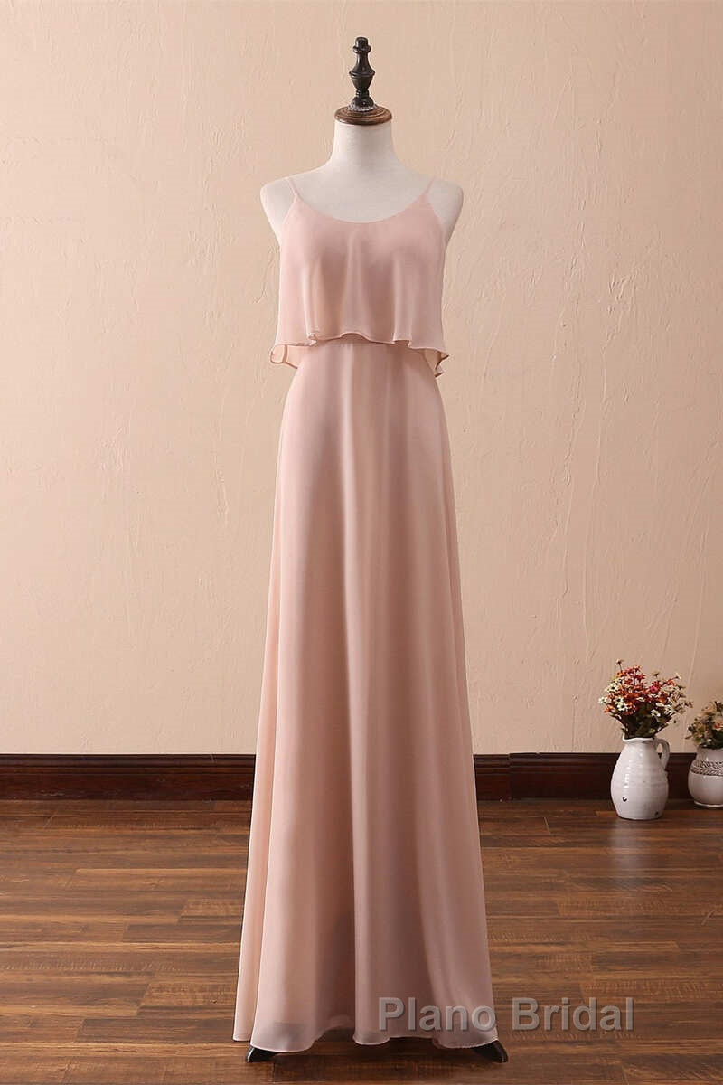 Blush Pink Spaghetti Strap Ruffled Long Bridesmaid Dresses
