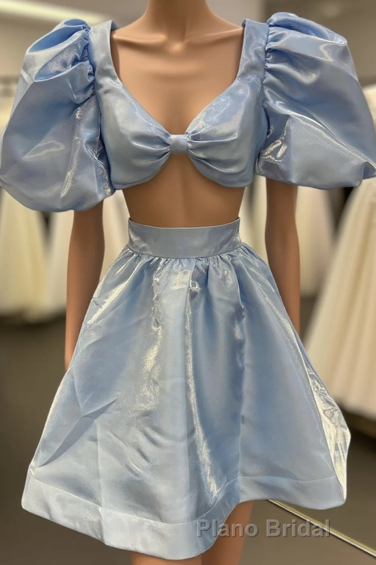 Light Blue Two-Piece Puff Sleeves A-line Homecoming Dresses