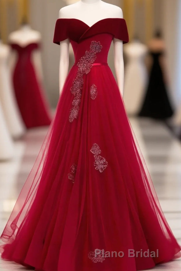 Burgundy Tulle Off Shoulder Long Formal Prom Dresses, Burgundy Prom Dresses Main image