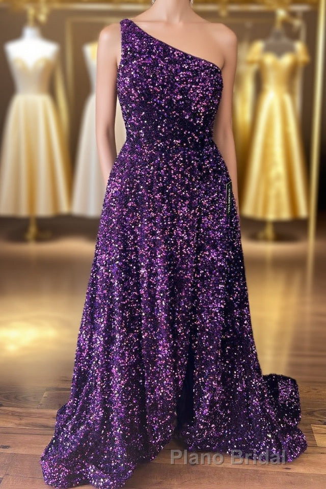 Purple Sequin One-Shoulder Backless A-Line Long Formal Prom Dresses Main image