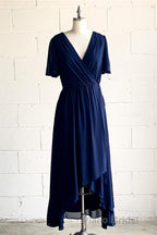 Faux-Wrap V Neck Pleated Chiffon Hi-Low Bridesmaid Dresses with Sleeves