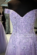 Lilac Off-the-Shoulder Appliques Tulle Long Prom Dress with Slit
