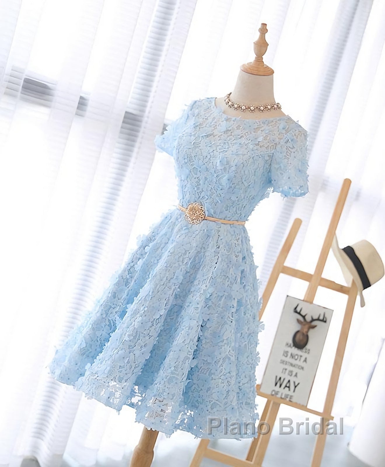 Cute Blue Lace Short Formal Prom Dress, Blue Homecoming Dress Secondary image