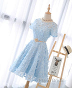 Cute Blue Lace Short Formal Prom Dress, Blue Homecoming Dress