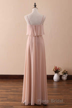 Blush Pink Spaghetti Strap Ruffled Long Bridesmaid Dresses