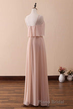 Blush Pink Spaghetti Strap Ruffled Long Bridesmaid Dresses