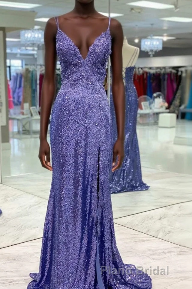 Tight Purple Sequined Long Formal Prom Dresses with Slit Main image