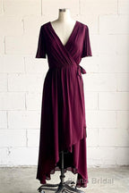 Faux-Wrap V Neck Pleated Chiffon Hi-Low Bridesmaid Dresses with Sleeves