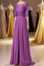Purple Lace Round Neck Keyhole Back Long Mother of the Bride Dresses
