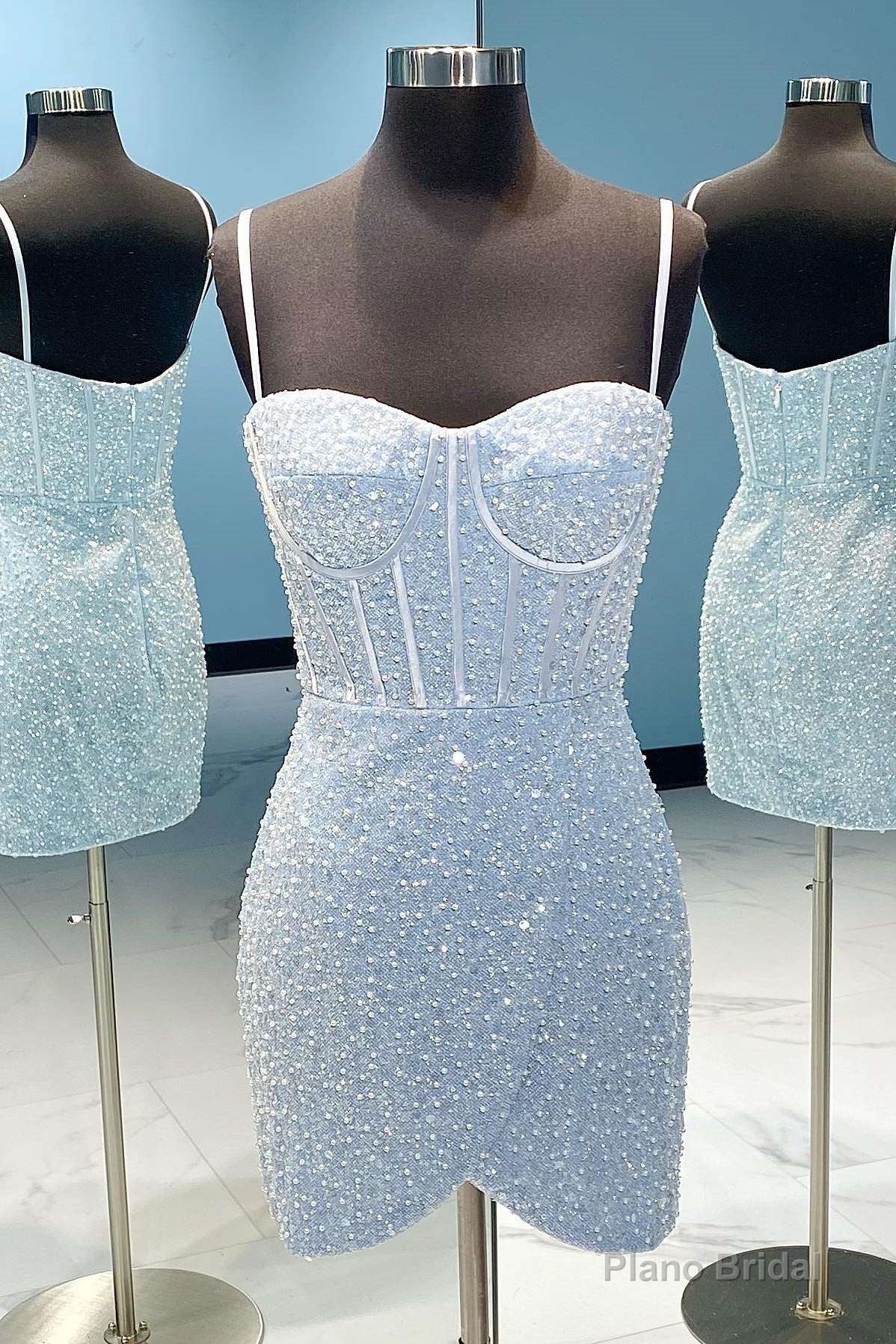 Light Blue Sequin Straps Bodycon Short Homecoming Dress Main image