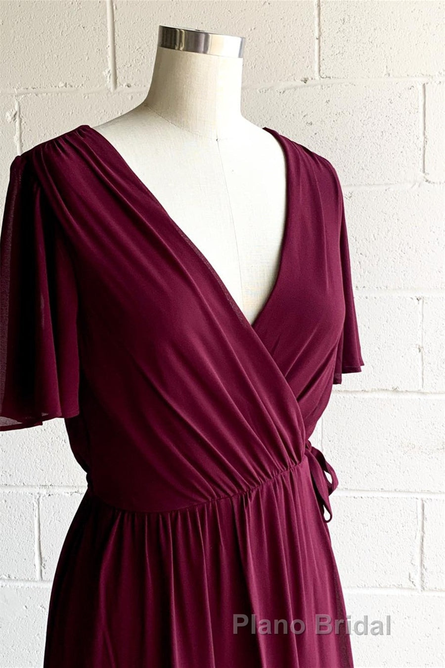 Faux-Wrap V Neck Pleated Chiffon Hi-Low Bridesmaid Dresses with Sleeves